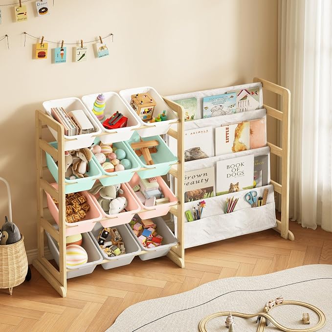 EXPERLAM Toy Storage Organizer with Bookshelf - 12 Storage Bins 4-Tier Multipurpose Shelf to Organize Toys and Books for Kids Room, Playroom, Nursery Room, Multi-Color - Image 8