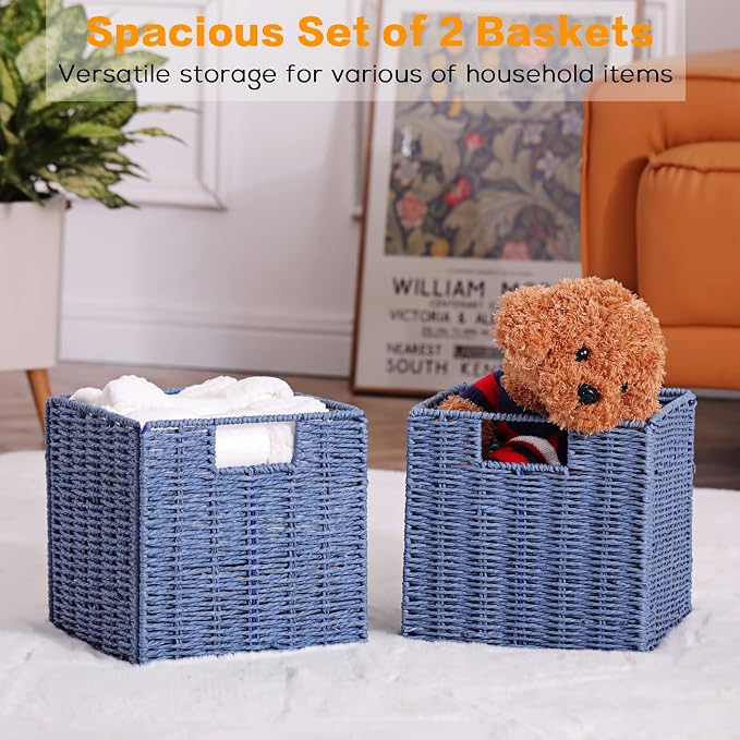 Wicker Basket, Set of 2 Hand-Woven Paper Rope Storage Baskets for Organizing, Foldable Cubby Storage Bins, 9 Inch Small Wicker Storage Basket, Square Baskets Cube Storage Organizer Bins, Blue - Image 5