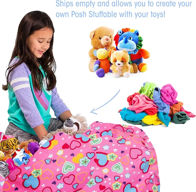 Posh Stuffable Kids Stuffed Animal Storage Bean Bag Chair Cover - Childrens Toy Organizer, X-Large-48 - Canvas Multi-Colored Hearts on Pink - Image 2