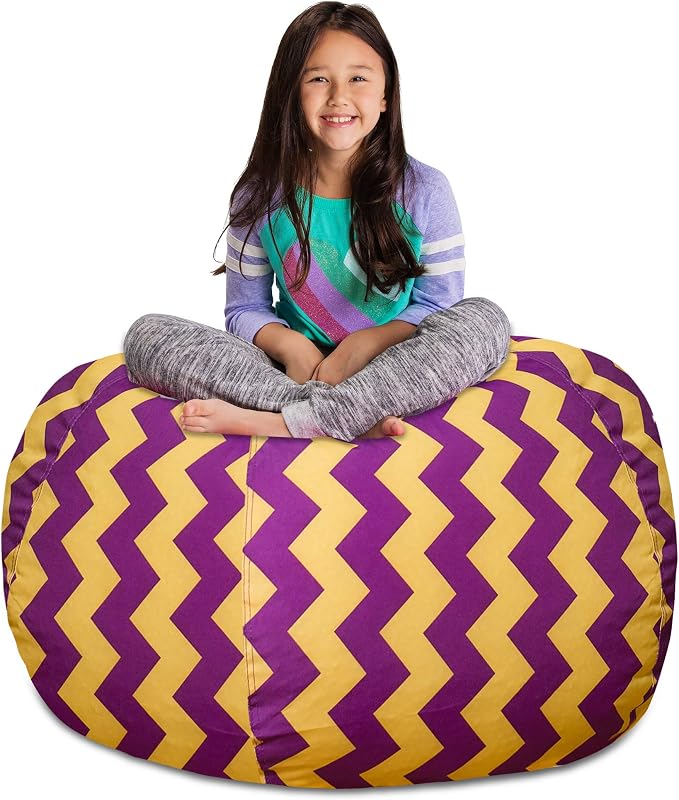 Posh Creations Stuffable Kids Stuffed Animal Storage Bean Bag Chair Cover - Childrens Toy Organizer, X-Large 48" - Pattern Chevron Purple and Yellow by PoshCreations