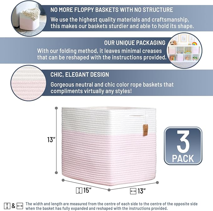 NaturalCozy 13x15x13 Kallax Storage Cubes, 3 Pack | Cotton Rope Cube Storage Bins Woven Baskets for Organizing | Kallax Insert Baskets for Shelves Organizer, Kids Toy, Pantry, Closet, Baby Nursery - Image 2