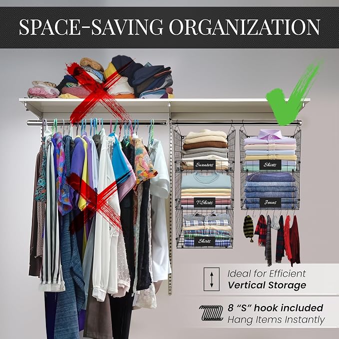 DECOLURE 5-Tier Adjustable Hanging Closet Organizer – Maximize Hanging Storage w/ 4 Hanging Hooks, 8 S Hooks & 5 Name Plates - Sturdy Foldable Wire Storage Hanging Shelves for Clothes, Towels (Black) - Image 3