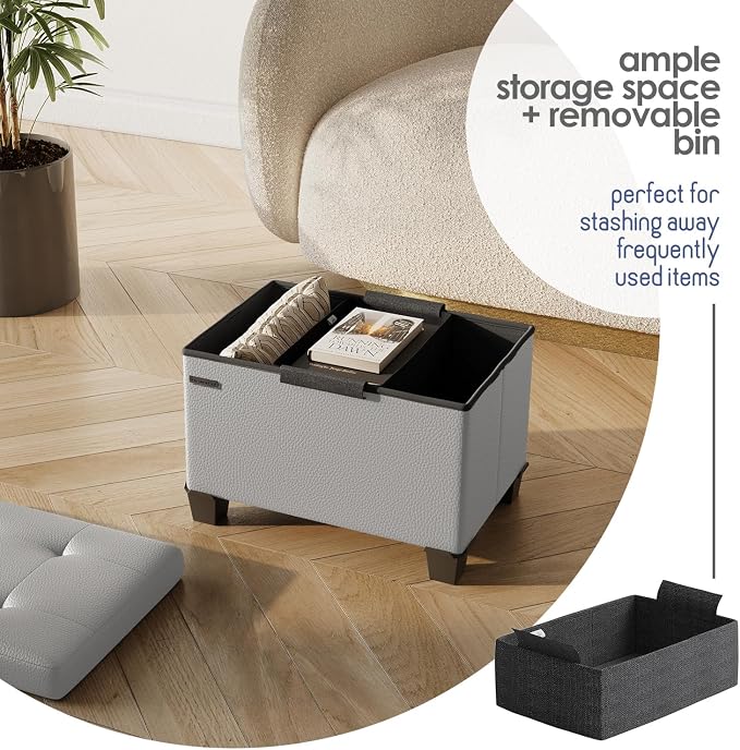 Storage Ottoman Cube with Small Bin, 16-in Square Ottoman with Storage for Living Room and Bedroom, Small Ottomans Foot Rest, Leather Foot Stools Ottomans Max 330lbs, Light Grey - Image 3