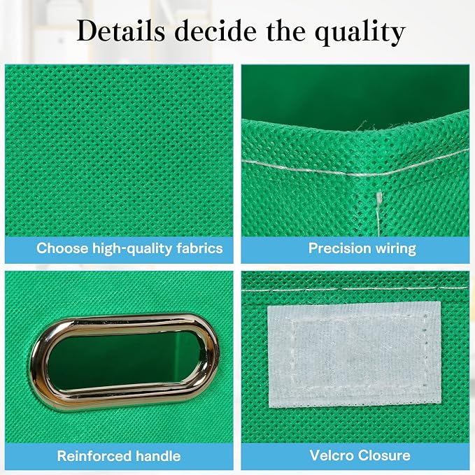 STOREONE Fabric Storage Cube Bins Foldable Organizer Container Collapsible Basket with Lids and Metal Handles, for Home, Bedroom, Closet 3 Pcs (Green) - Image 7
