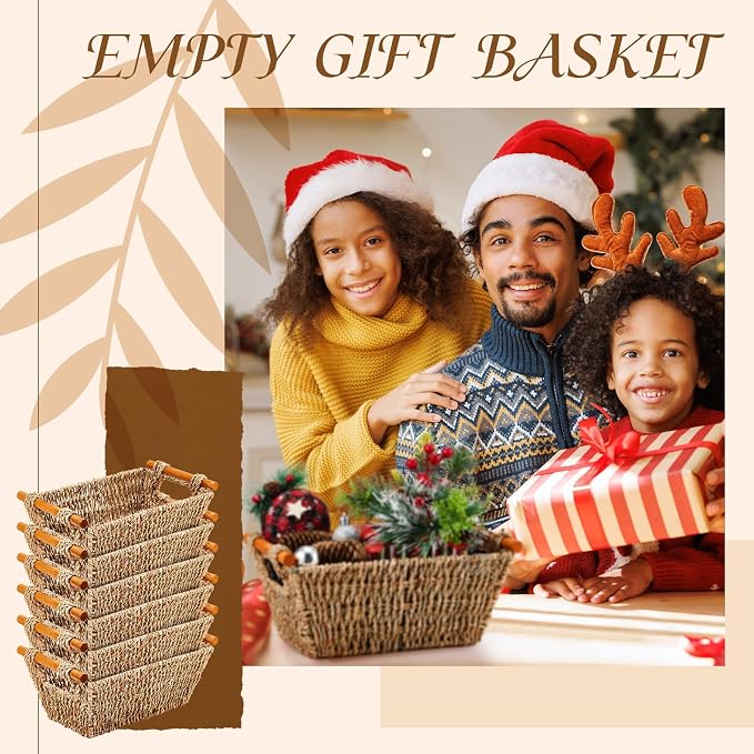 Marsui 6 Pcs Small Hand Woven Wicker Baskets with Wooden Handles, Seagrass Rattan Storage Baskets Bin Organizer Shelf Pantry for Bathroom Storage Towel Kitchen Washroom Gifts Decor, 9" x 6" x 4" - Image 7