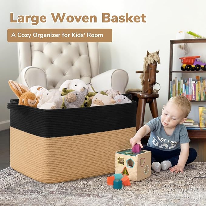 Goodpick 85L Large Woven Rope Blanket Basket, Rectangle, Black & Camel | 23.6'' x 15.7'' x 13.8'' Wicker Storage Basket for Blankets, Pillows & Toys, Home Organization & Decor, Reinforced Handles - Image 2