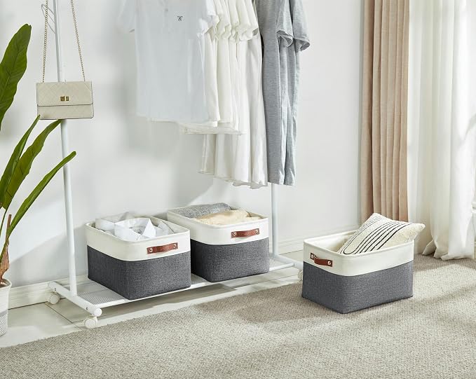 DECOMOMO Storage Bins, Large Fabric Storage Baskets for Shelves 3 Pack | 15 x 11 x 9.5 inches Decorative Linen Closet Organizers (Slate Grey & White) - Image 7