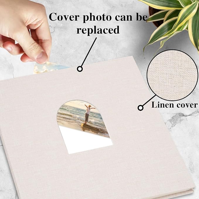 Vienrose Self Adhesive Photo Album Arch Window Scrapbook 120 Pages Beige | Linen Cover, 12.6x12.99 Inch, Memory Book, Blank Inner Page, Three Metallic Pens - Image 3