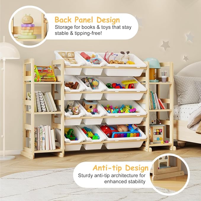 EXPERLAM Extra Large Toy Storage - Toy Storage Organizer, Wooden Toy Organizer with 6 Side Shelves and 12 Bins, 3-in-1 Bookshelf for Kids Rooms, Playroom, Nursery, White - Image 4