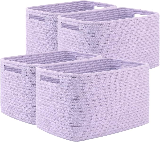 OIAHOMY 4 Pack Storage Baskets for Organizing 15L Cube Storage Bins Purple | Woven Baskets for Storage Rectangle Small Baskets With Handles Baskets for Shelves Wicker Baskets for Shelves 12.7x9x7.8inch by MasterofSpaceOptimization