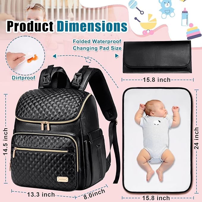 Diaper Bag Backpack Leather Baby Diaper Bag with Changing Pad Travel Diaper Backpack,Baby Bag for Mom,Stroller Straps,5 Insulated Pockets (Black Leather) - Image 2