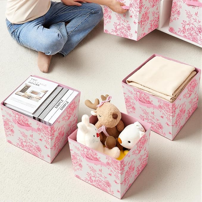 6 Pcs Pink Floral Cube Storage Bins 12.5 Inch Pink Flower Storage Basket with Handle, Preppy Girls Organizer Basket, Collapsible Fabric Box for Classroom Bedrooms Office Home Decoration (Flower) - Image 6