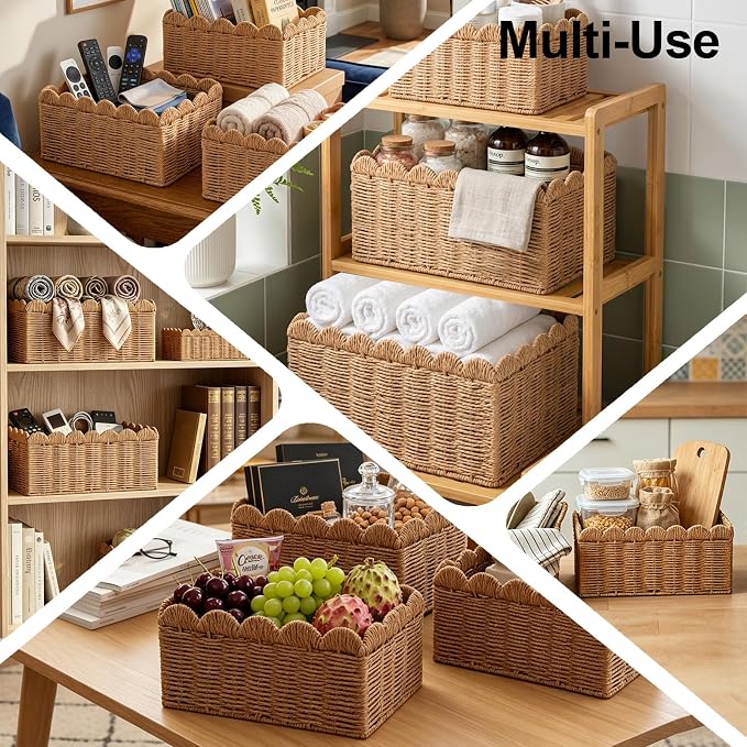 3 Pcs Wicker Storage Baskets for Shelves Picnic Basket,Scalloped Baskets, Hand-woven Wicker Storage Cubes, Paper Rope Shelf Baskets for Organizing and Decoration,Brown Basket - Image 3