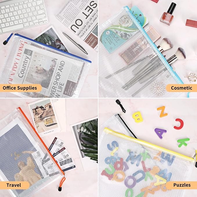 EOOUT 100pcs Mesh Zipper Pouch, A4 Size, 10 Colors Zipper Bags for Organizing Storage, Waterproof Puzzle Bag, Zipper File Bags for Board Games and School Office Supplies - Image 5