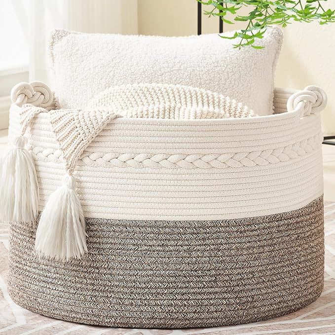 KAKAMAY Large Blanket Basket (20"x13"),Woven Baskets for storage Baby Laundry Hamper, Cotton Rope Blanket Basket for Living Room, Laundry, Nursery, Pillows, Baby Toy chest (White/Beige) | Extra Large Capacity | Natural Cotton Rope | Blanket Storage | W... by KAKAMAY