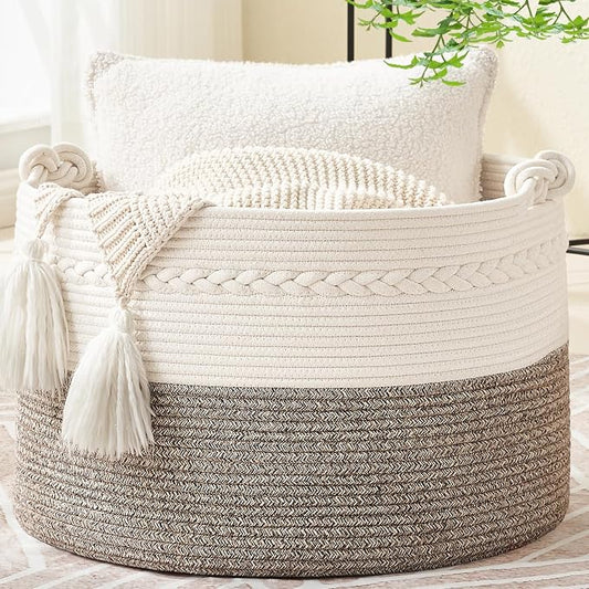 KAKAMAY Large Blanket Basket (20"x13"),Woven Baskets for storage Baby Laundry Hamper, Cotton Rope Blanket Basket for Living Room, Laundry, Nursery, Pillows, Baby Toy chest (White/Beige) | Extra Large Capacity | Natural Cotton Rope | Blanket Storage | W... by KAKAMAY