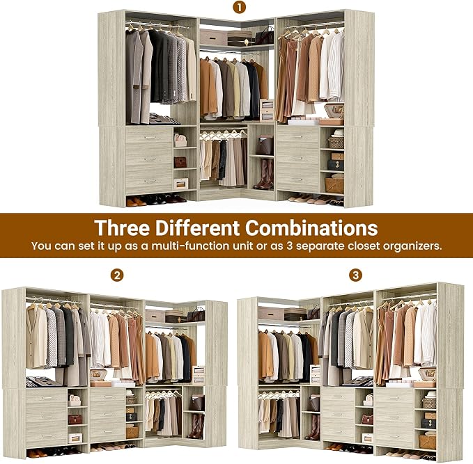 Aheaplus Closet System with 6 Drawers, 4 Hanging Rods & Corner Tower, Corner Closet System with Hanging,92.6" L-Shaped Walk-In Wardrobe Organizer, 2000+ lbs Capacity, Set of 3, White Oak - Image 3