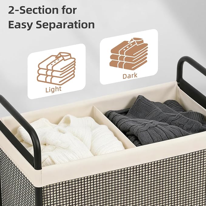 STORAGE MANIAC Rolling Laundry Hamper with Wheels 2-Section Laundry Sorter Rolling Laundrys Basket on Wheels with Removable Bag Clothes Hamper Laundrys Organizer Cart Bathroom Bedroom 100L Beige - Image 6