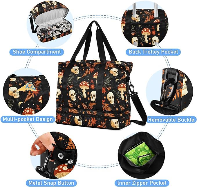 Travel Duffel Tote Bag Mushrooms Skull Sports Duffel Bag with Wet Pocket Weekender Overnight Bag for Women Men Gym Bag, Carry On Bag Hospital Bag for Labor and Delivery - Image 2