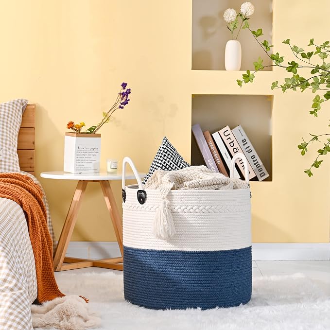 KAKAMAY Large Blanket Basket (18"x18"x16"),Woven Baby Laundry Hamper for Storage, Cotton Rope Blankets Baskets for Nursery, Laundry, Living Room, Pillows, Baby Toy chest with Handles (Navyblue) - Image 3