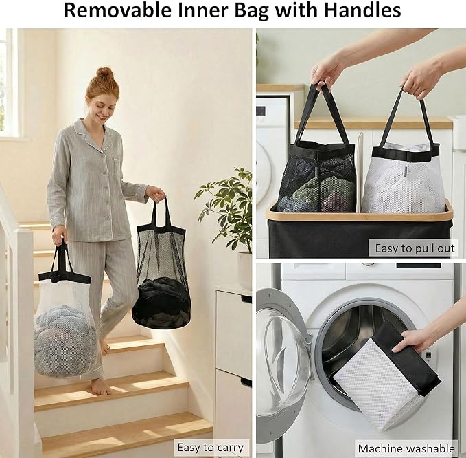 efluky Laundry Hamper with Lid, Double Laundry Basket with 2 Removable Bags, 2 Section Laundry Bin with Bamboo Handles for Bathroom, Bedroom & Laundry Room, 140L (36.9 Gallon) Black - Image 4