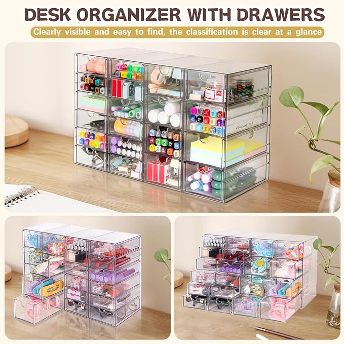 VZKAH Clear Acrylic Desk Organizer with 20 Drawers, 4 Modular Units | 4-piece clear drawer set for office supplies, crafts, makeup, and small daily items on desks, vanities, counters - Image 6