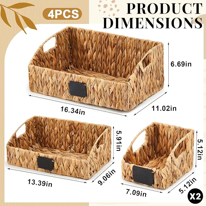 4 Pcs Water Hyacinth Storage Basket Set Boho Wicker Rattan Pantry Basket with Chalkboard Label Handles Woven Container Kitchen Laundry Large Small for Shelves Food Home Bathroom Decor - Image 2