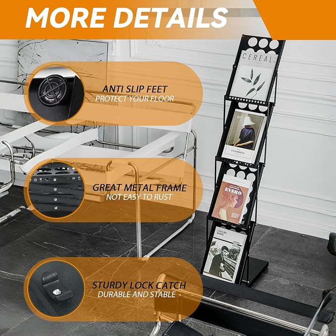Foldable Magazine Rack Metal Catalog Literature Rack, Literature Stand Rack | Collapsible Flyer Holder,Portable 4 Pockets with Carrying Bag,Floor-Standing Holder Stand for Exhibition Trade Show,Black - Image 4