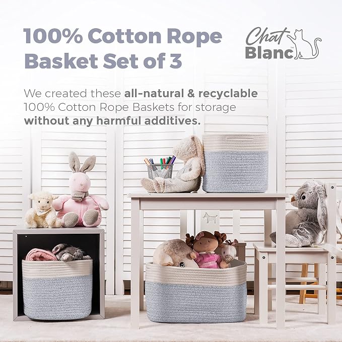 CHAT BLANC Cotton Rope Baskets for Organizing | Storage Baskets for Shelves | Rope Basket for Storage, Small Laundry Baskets, Woven Baskets for Storage, Dog Toy Bin, Baby Basket,Off White &Gray 3 Pack - Image 5