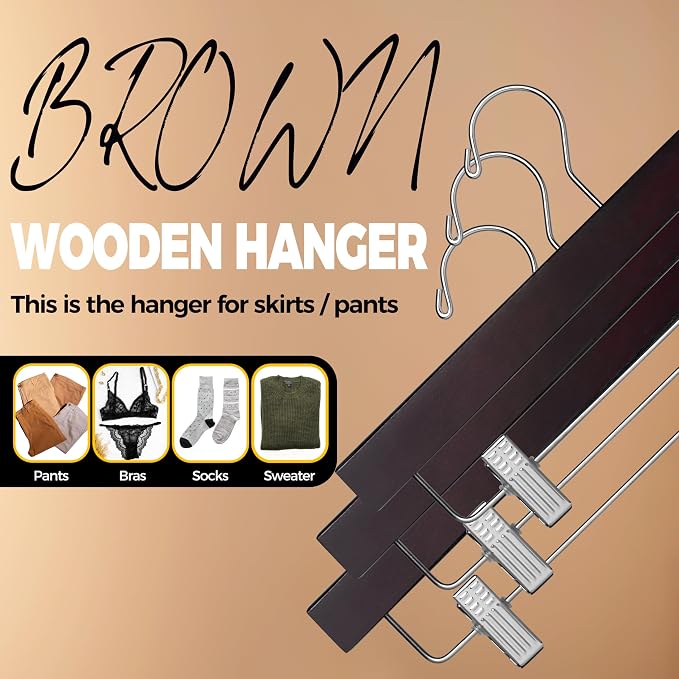 Quality Hangers Wooden Pants Hangers - 10-Pack Swivel Hook Cloth Hanger Set - Lotus Wood Skirt, Pant, Shorts and Slack Hangers with Adjustable Clip – Mahogany Clothing Hanger (Mahogany, 10) - Image 7