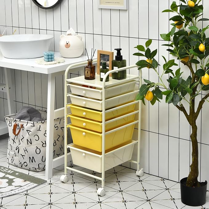 Giantex 6 Storage Drawer Cart Rolling Organizer Cart for Tools Scrapbook Paper Home Office School Multipurpose Mobile Utility Cart (Beige & Yellow) - Image 2