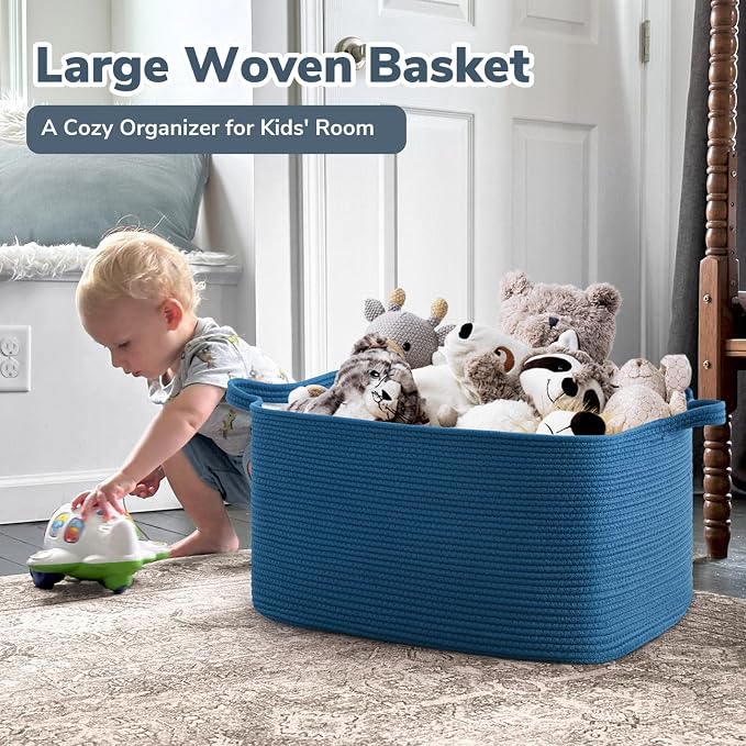Goodpick Large Woven Rope Blanket Basket, Rectangle, Dark Blue | 21.6'' x 14.9'' x 11.8'' Storage Basket for Blankets & Toys, Living Room, Bedroom & Nursery Organization, Reinforced Handles - Image 2