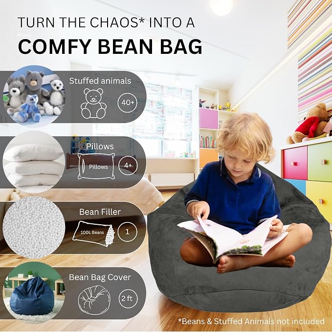 Bean Bag Stuffed Animal Storage Chair Cover (No Filler) for Kids and Adults. Extra Large Bird's Nest Beanbag Memory Foam Soft Premium (Black, 2.5 ft (Cover Only)) - Image 2