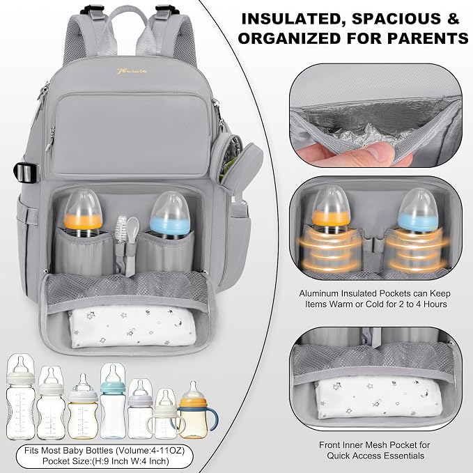 IBVIVIC Diaper Bag Backpack with Portable Changing Pad, Soft Gray | Multifunctional Baby Bag for Mom Dad, Large Capacity, Stroller Straps, Insulated Bottle Pockets & Pacifier Case - Image 2