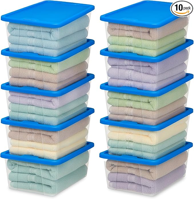 HOMZ 10-Pack Snaplock, Small Clear Plastic Storage Organizer Bins w/Lids, 6 Quart, Blue - Stackable Container Boxes for Bedroom, Bathroom, Garage, and Office Organization by Homz