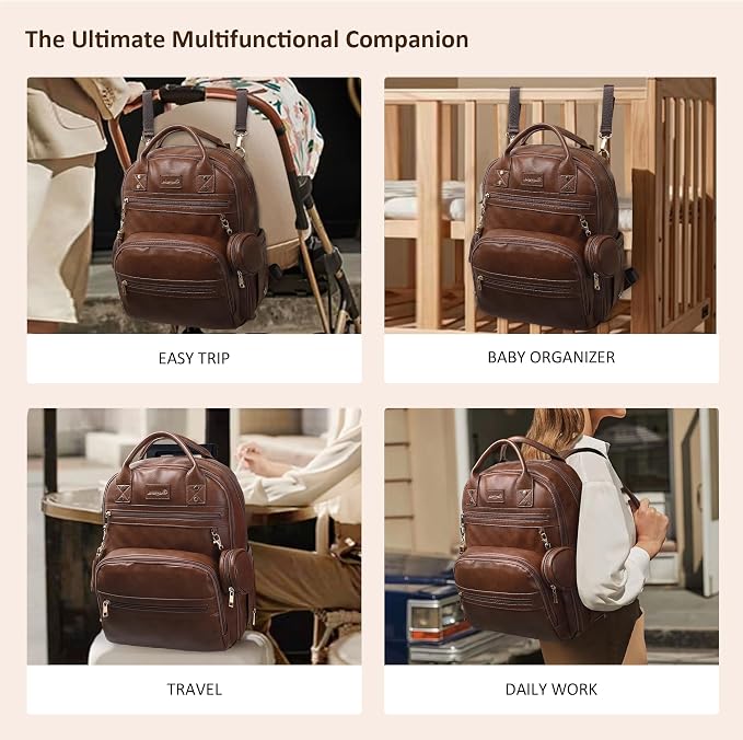 ROSEGIN Premium Vegan Leather Diaper Bag Backpack with Waterproof Changing Pad, Reinforced Zippers & Odor-Free,20 Pockets Pro Organizer, Fits 15.6" Laptop, Stroller Straps, Baby Bag for Mom,Dark Brown - Image 4