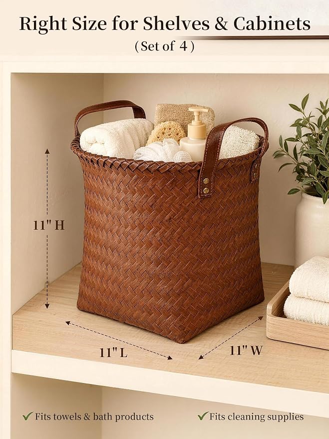 Wicker Storage Baskets, 4 Pack Woven Baskets for Shelves, Brown | PP Rattan, Water-resistant Wicker Basket, Large Baskets with Faux Leather Handles for Blanket, Laundry Organizer, Room Decor - Image 2