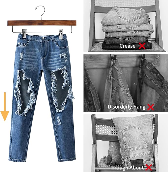 Nature Smile Deluxe Wooden Pants Hangers, Retro Pack of 28 | Solid Wood Bottom, Jeans Hanger, Skirt Hanger, 2-Adjustable Clips - Image 4