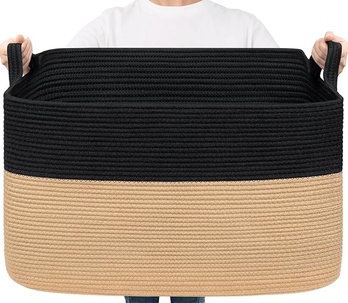 Goodpick 85L Large Woven Rope Blanket Basket, Rectangle, Black & Camel | 23.6'' x 15.7'' x 13.8'' Wicker Storage Basket for Blankets, Pillows & Toys, Home Organization & Decor, Reinforced Handles by Goodpick