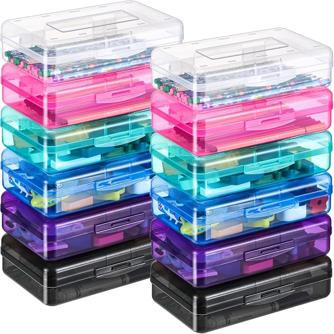 Fainne 24 Pack Clear Plastic Pencil Box,Multicolor | Stackable Organizer for School Supplies, Large Case for Crayons Markers, Snap-lid Keeps Stationery Secure, Bulk Set by Fainne