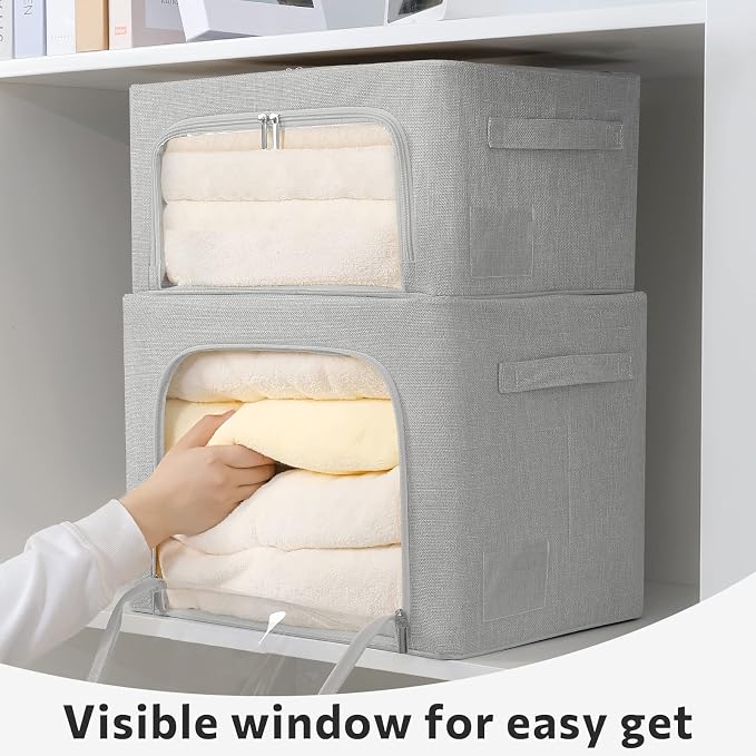 FHSQX 2 Pack Clothes Storage Bins Stackable Metal Frame Storage Box Large Capacity Foldable Linen Fabric Box Organizer with Carrying Handles and Clear Window (Light Gray, 19.7x 15.7x 12.6 Inch) - Image 6