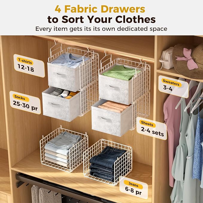 4 Tier Hanging Closet Organizer with 4 Drawers, White | Metal Hanging Shelves with 4 Hanging Hooks for Wardrobe Laundry Garage, No Sagging, Modular Design, Space Saving - Image 3