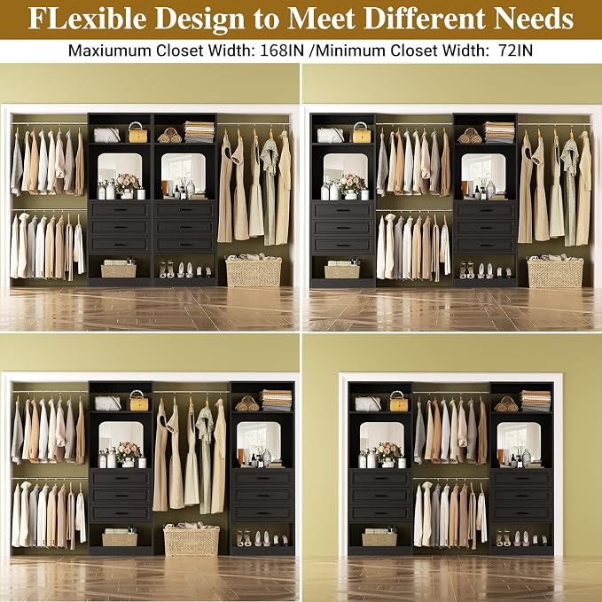 Unikito 6-14FT Wood Closet System with 6 Drawers and Mirror, Black | Sturdy walk-in organizer wardrobe for clothing, clothes rack with 3 hanging rods, freestanding garment storage tower. - Image 4