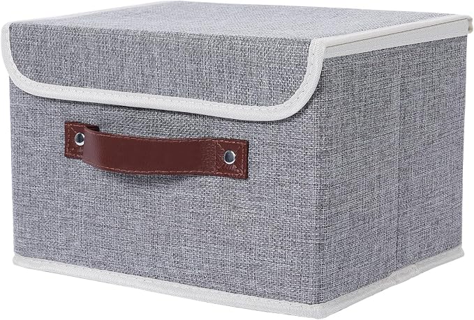 ANMINY Fabric Storage Box Bins with Lids, Gray, 13"x9"x7.9" | Keepsake Memory Storage, Cotton Linen, PP Board Reinforced, Washable, PU Handles, Foldable & Stackable, Decorative, Medium by ANMINY