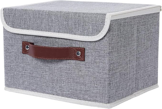 ANMINY Fabric Storage Box Bins with Lids, Gray, 13"x9"x7.9" | Keepsake Memory Storage, Cotton Linen, PP Board Reinforced, Washable, PU Handles, Foldable & Stackable, Decorative, Medium by ANMINY