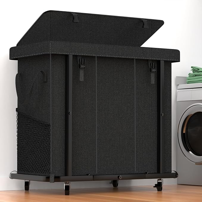 Laundry Basket with Lid,230L Rolling Laundry Hamper with Wheels,Black | Dirty Clothes Hamper with Metal Frame and Removable Bag Design, Suitable for Laundry Room, Bedroom (3 Section) by Unlockyourhomestoragelife