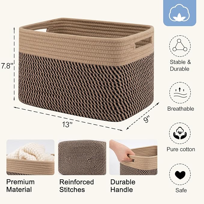 4 Pack Storage Baskets for Organizing, Woven Baskets for Shelves - Perfect for Toys, Books, Towels, and Clothes, Durable Gift Basket Bins Toy Storage, 12.7''L x9''W x7.8''H, Black and Brown - Image 2