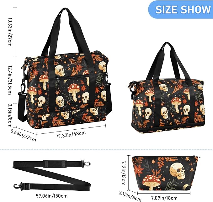 Travel Duffel Tote Bag Mushrooms Skull Sports Duffel Bag with Wet Pocket Weekender Overnight Bag for Women Men Gym Bag, Carry On Bag Hospital Bag for Labor and Delivery - Image 6
