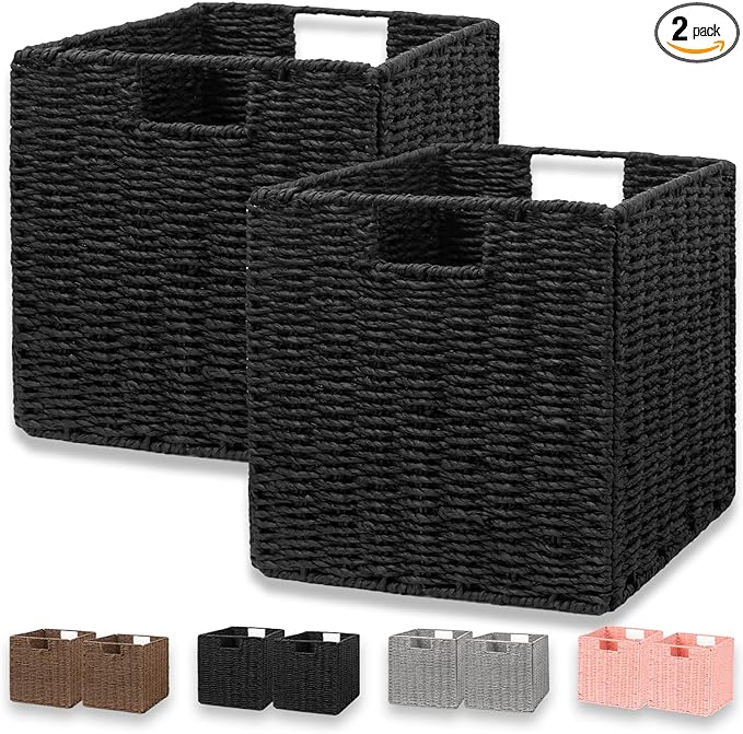 Wicker Storage Basket, Set of 2 Hand-Woven Wicker Basket, Foldable Cube Storage Bin, Black Storage Basket, Square Storage Baskets for Organizing Shelves & Decor, Black (11″×11″×11″) by Vagusicc