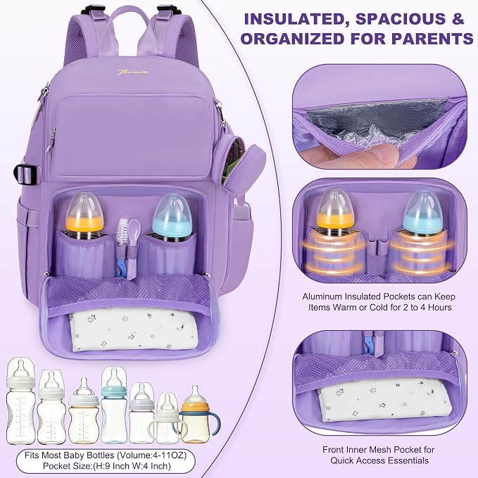 IBVIVIC Diaper Bag Backpack with Portable Changing Pad, Lavender Purple | Multifunctional Baby Bag for Mom Dad, Large Capacity, Stroller Straps, Insulated Bottle Pockets & Pacifier Case - Image 2
